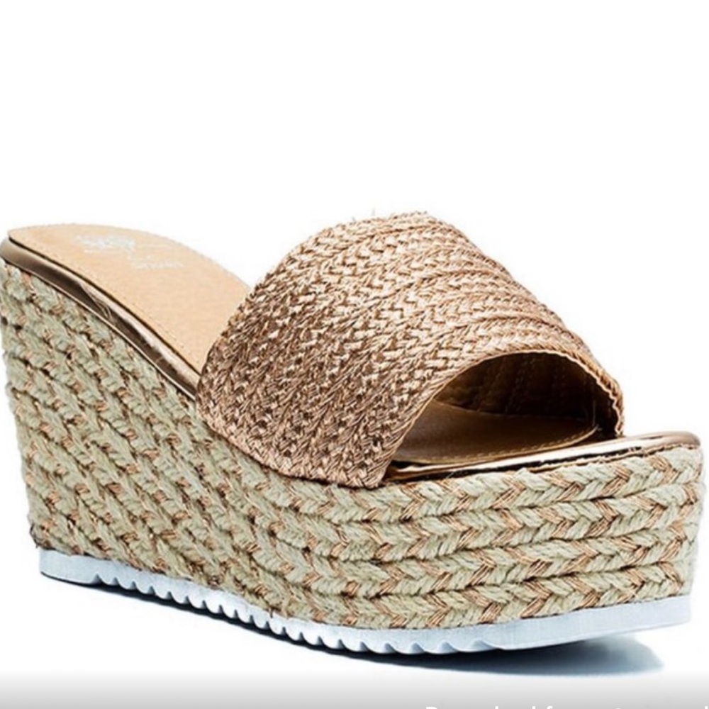 GC Shoes women's woven espadrille wedge sandals rose gold strap size: 8.5
